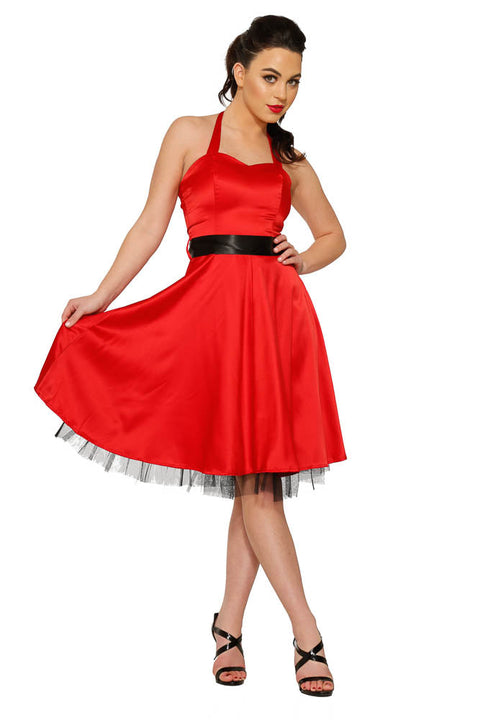 Red Satin Halter Swing Dress