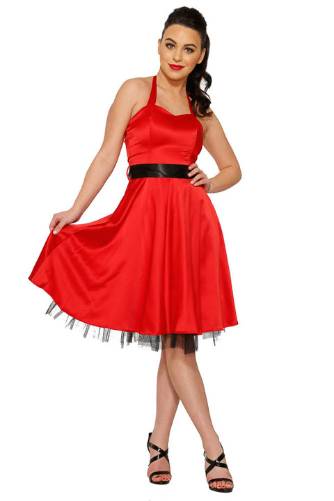 Red Satin Halter Swing Dress