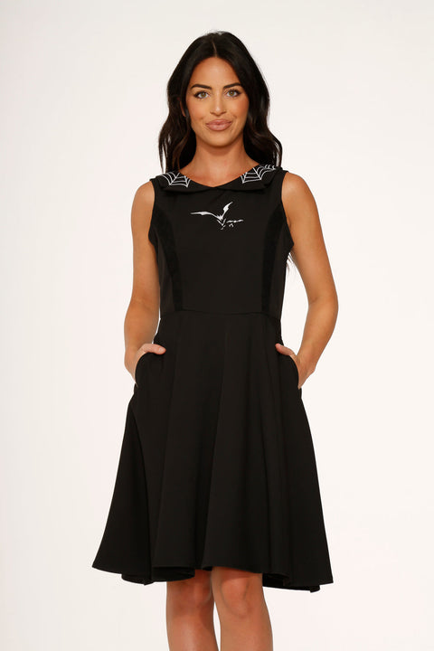 Black Bat Embroidered Swing Dress