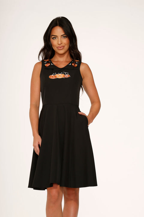 Halloween Pumpkin Embroidery Swing Dress