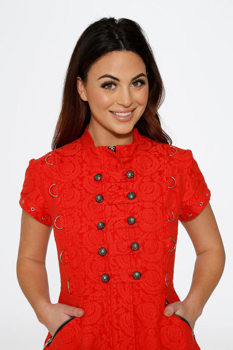 Red Jacquard Battalion Swing Dress