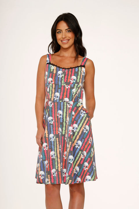 Black Skulls Rainbow Swing Dress