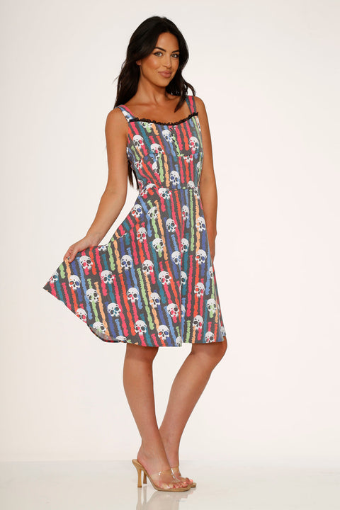 Black Skulls Rainbow Swing Dress