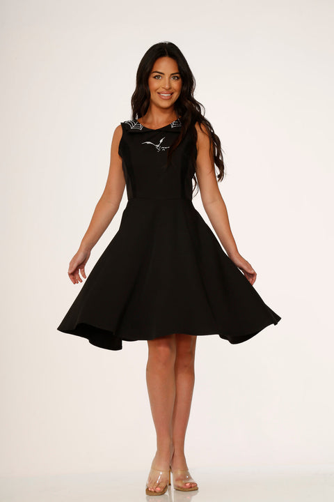 Black Bat Embroidered Swing Dress