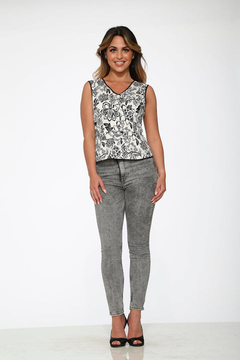 White & Black Floral Top