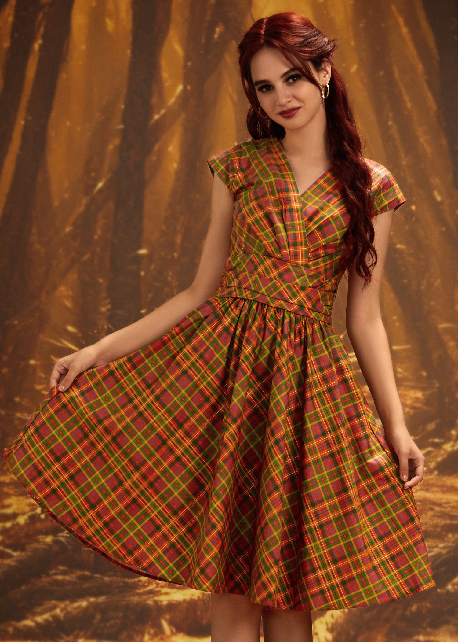 Greta Surplice Dress in Orange Plaid