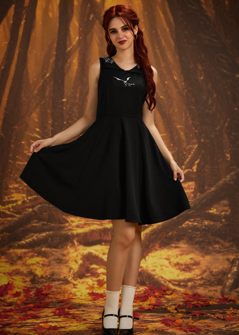 Black Bat Embroidered Swing Dress