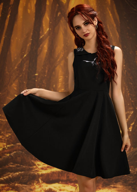 Black Bat Embroidered Swing Dress