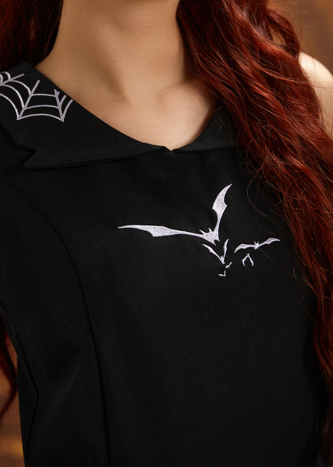 Black Bat Embroidered Swing Dress
