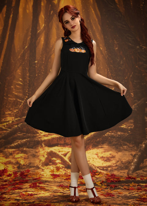 Halloween Pumpkin Embroidery Swing Dress