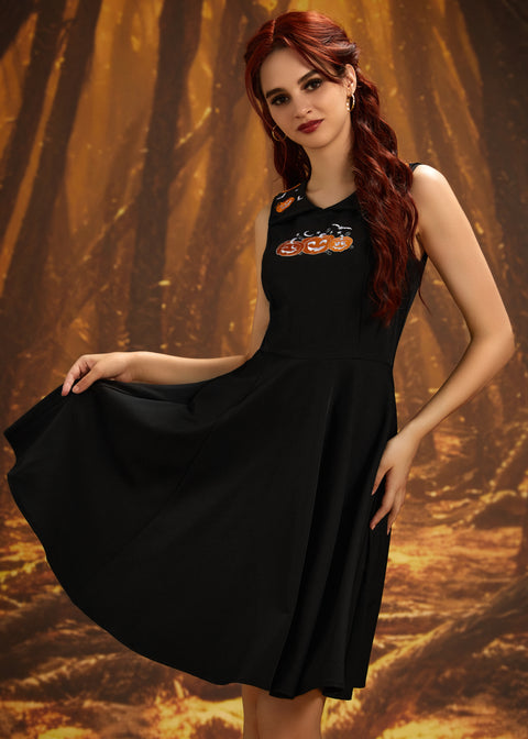 Halloween Pumpkin Embroidery Swing Dress