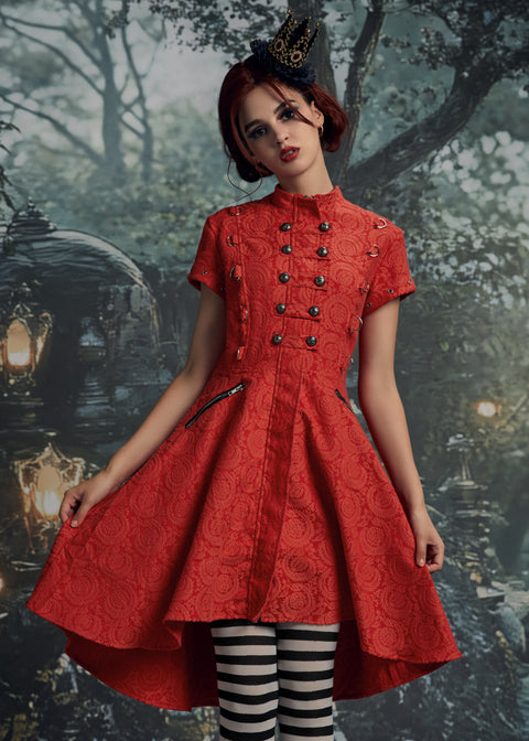 Red Jacquard Battalion Swing Dress