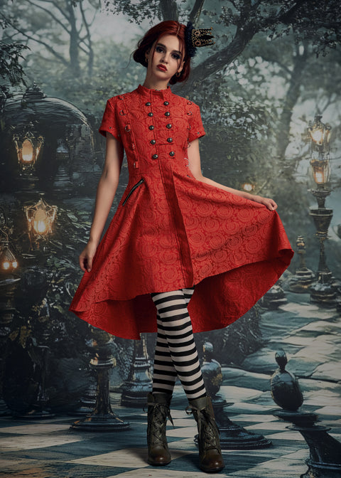 Red Jacquard Battalion Swing Dress