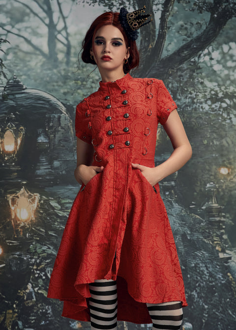 Red Jacquard Battalion Swing Dress