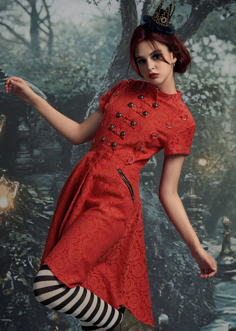 Red Jacquard Battalion Swing Dress