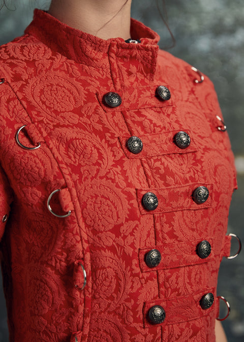 Red Jacquard Battalion Swing Dress