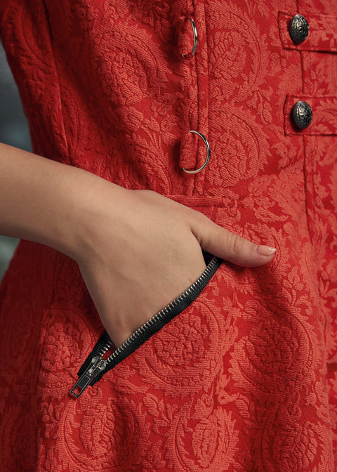 Red Jacquard Battalion Swing Dress