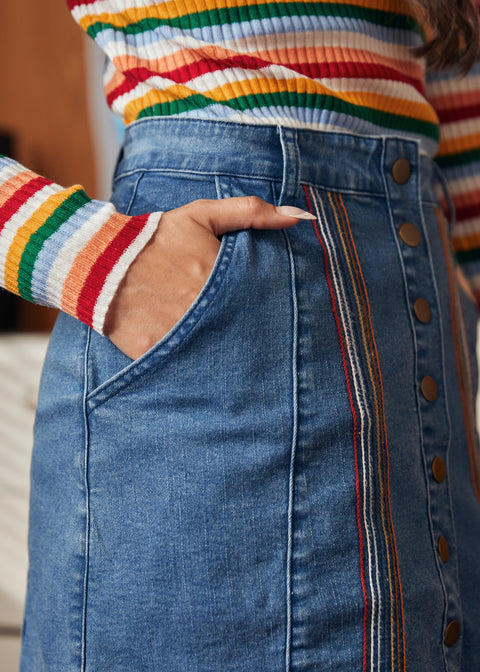 A Spring Fling Button Down A-Line Jean Skirt