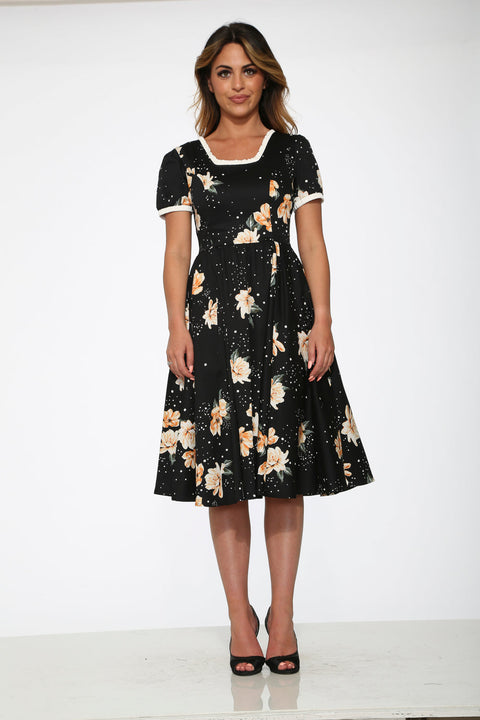 Black & Yellow Floral Swing Dress