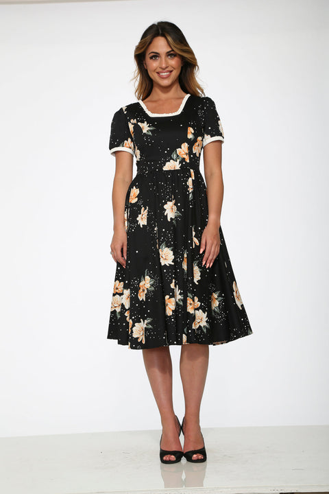 Black & Yellow Floral Swing Dress