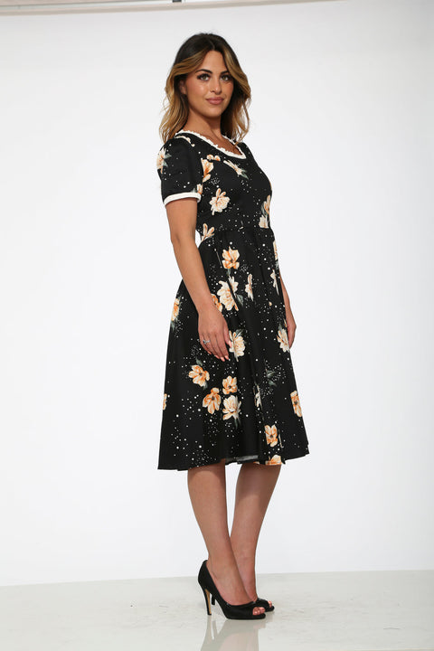 Black & Yellow Floral Swing Dress