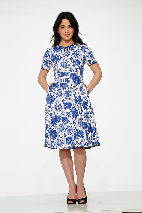 White & Blue China doll Swing Dress