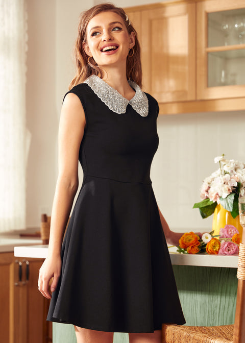 Vinyl Vibes Jeweled Collar Fit & Flare Dress
