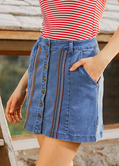 A Spring Fling Button Down A-Line Jean Skirt