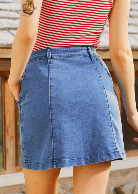 A Spring Fling Button Down A-Line Jean Skirt
