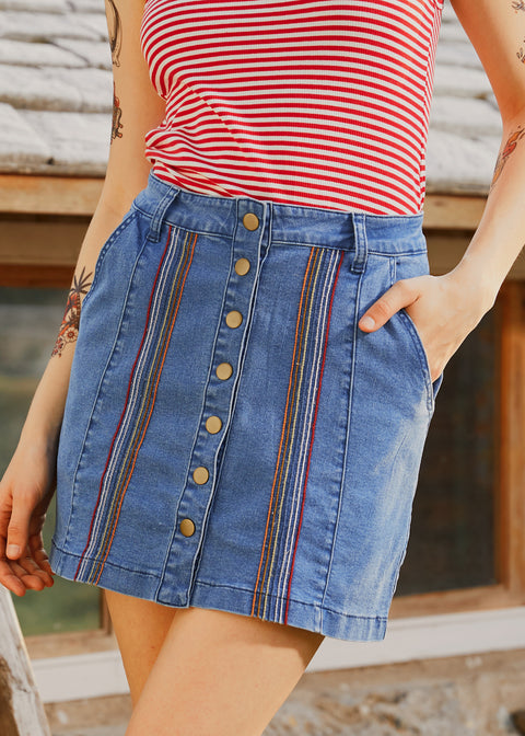 A Spring Fling Button Down A-Line Jean Skirt