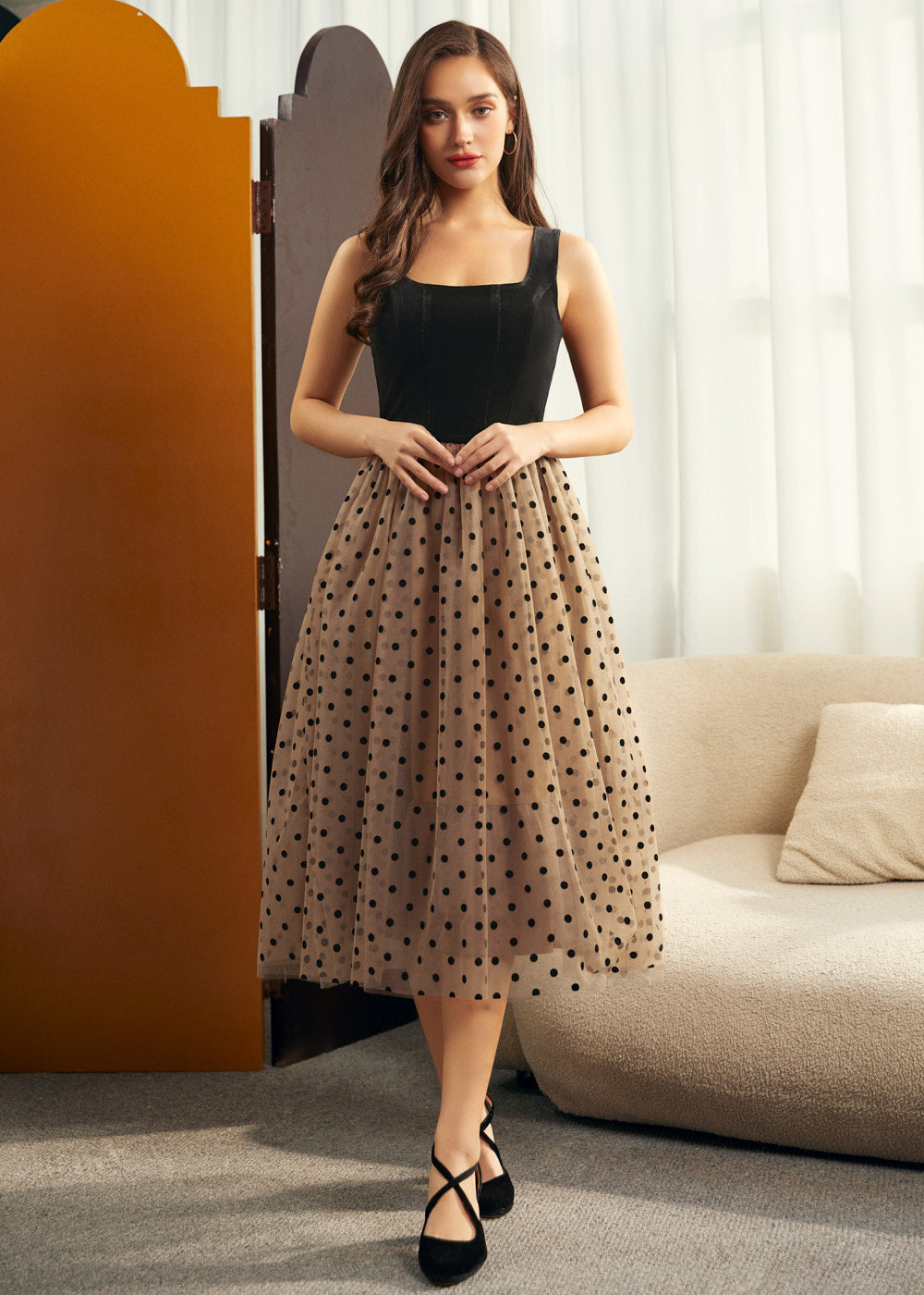 chinese dress ladies Black Polka Dot Tulle A-Line Midi Dress