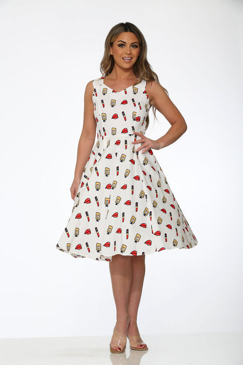 White Red Lipstick Swing Dress