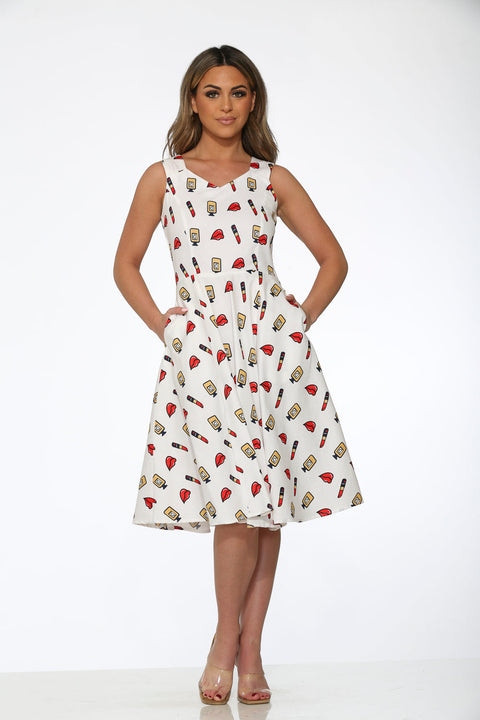 White Red Lipstick Swing Dress