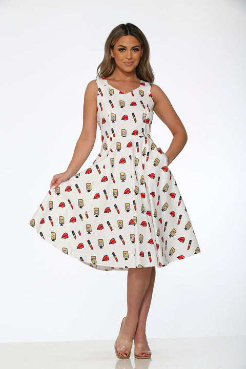 White Red Lipstick Swing Dress