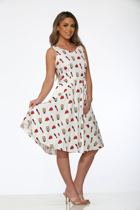 White Red Lipstick Swing Dress
