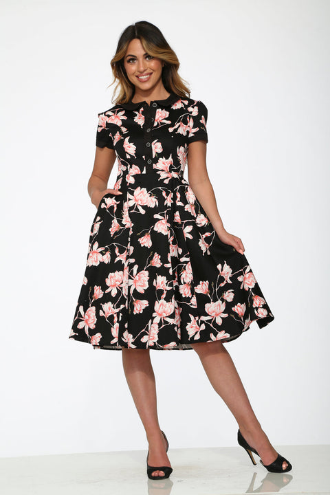 Black & Pink Floral Swing Dress