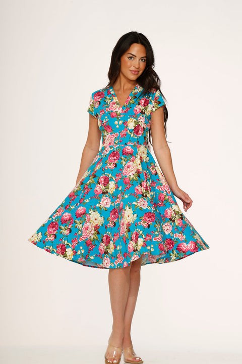 Blue & Pink Floral Swing Dress