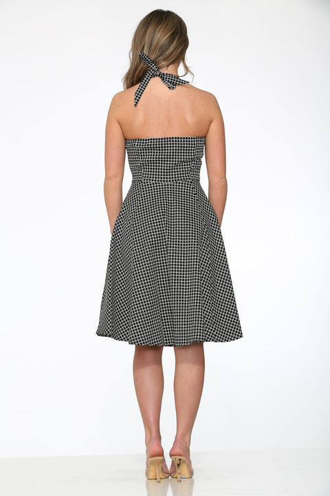 Black White Checkmate Halter Dress