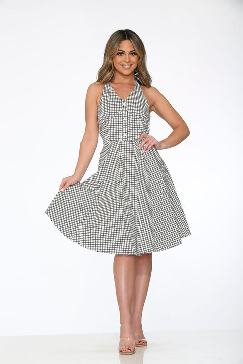 White & Black Checkmate Halter Swing Dress