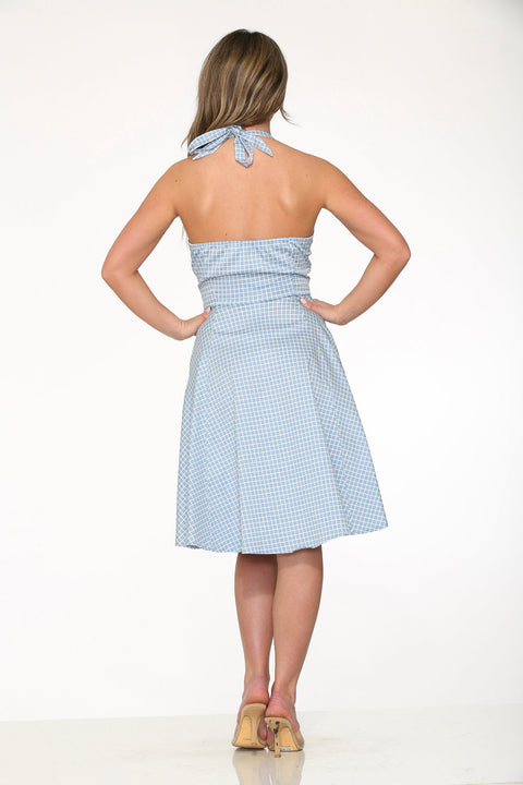 Blue White Checkmate Halter Swing Dress