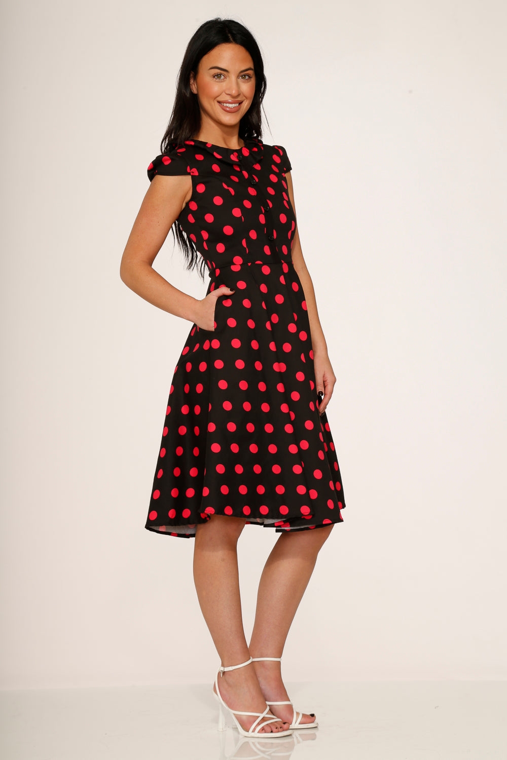 pink black cocktail dress Black & Pink Polka Dot Swing Dress – ModCloth