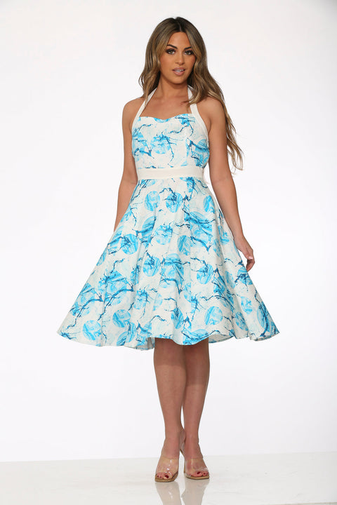 White & Blue Floral Halter Dress
