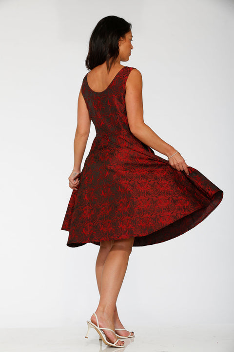 Black & Red Rose Brocade Floral Swing Dress