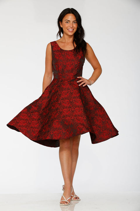 Black & Red Rose Brocade Floral Swing Dress