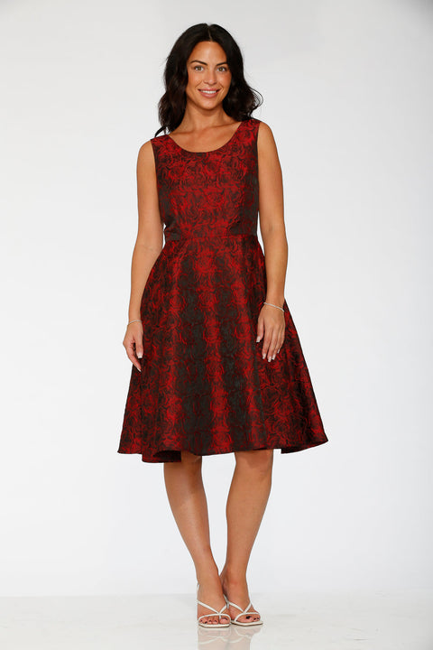 Black & Red Rose Brocade Floral Swing Dress