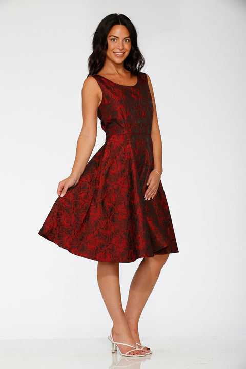 Black & Red Rose Brocade Floral Swing Dress