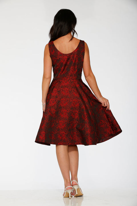 Black & Red Rose Brocade Floral Swing Dress