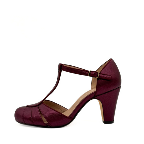 Mulberry Metallic T-Strap Heels Burgundy