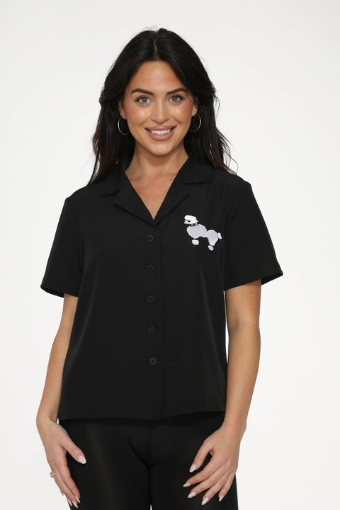 Black White Embroidered Poodle Top