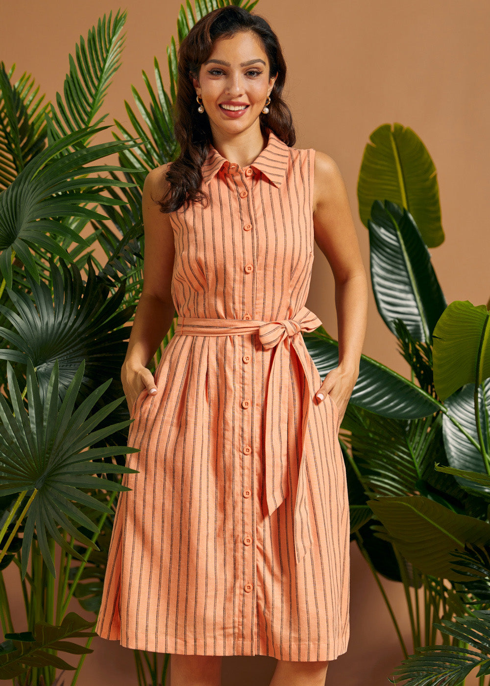 Can't Slow My Roll Shirt Dress in Pinstripe Peach, Size 1X